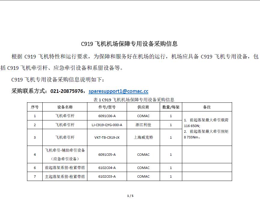 C919飛機(jī)機(jī)場(chǎng)保障專(zhuān)用設(shè)備采購(gòu)信息